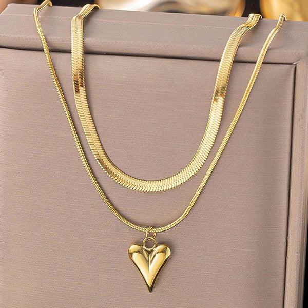 Gold-Plated Anti Tarnish Heart Themed Snake chain Layered Necklace