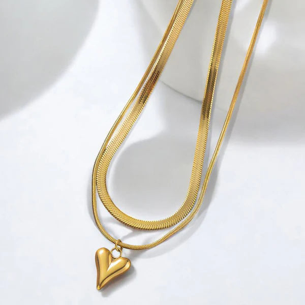 Gold-Plated Anti Tarnish Heart Themed Snake chain Layered Necklace