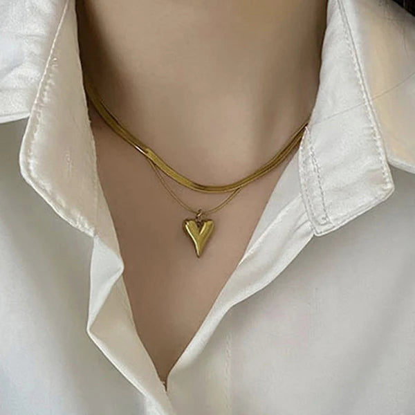 Gold-Plated Anti Tarnish Heart Themed Snake chain Layered Necklace