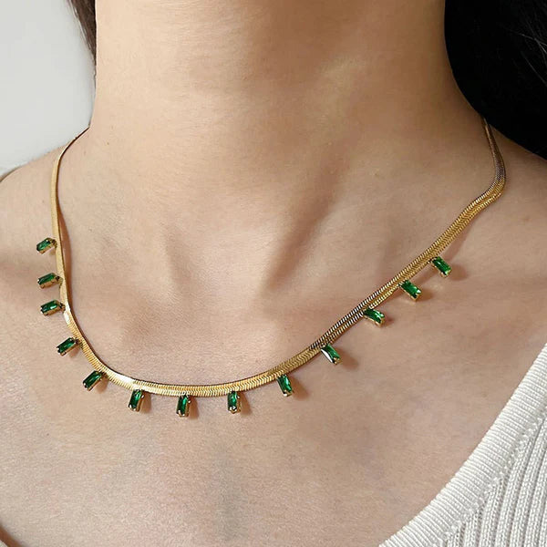 Gold Plated Anti Tarnish Green Emerald Studded Necklace