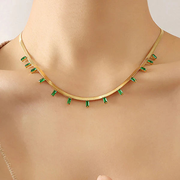 Gold Plated Anti Tarnish Green Emerald Studded Necklace
