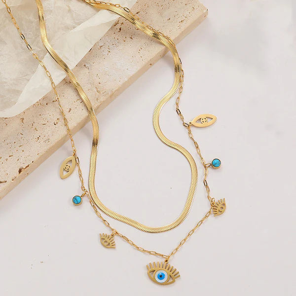 Gold Plated Anti Tarnish Evil Eye Dual Strand Necklace