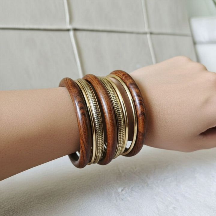 Wood and Brass Stackable Bangle Set (9 Pieces)