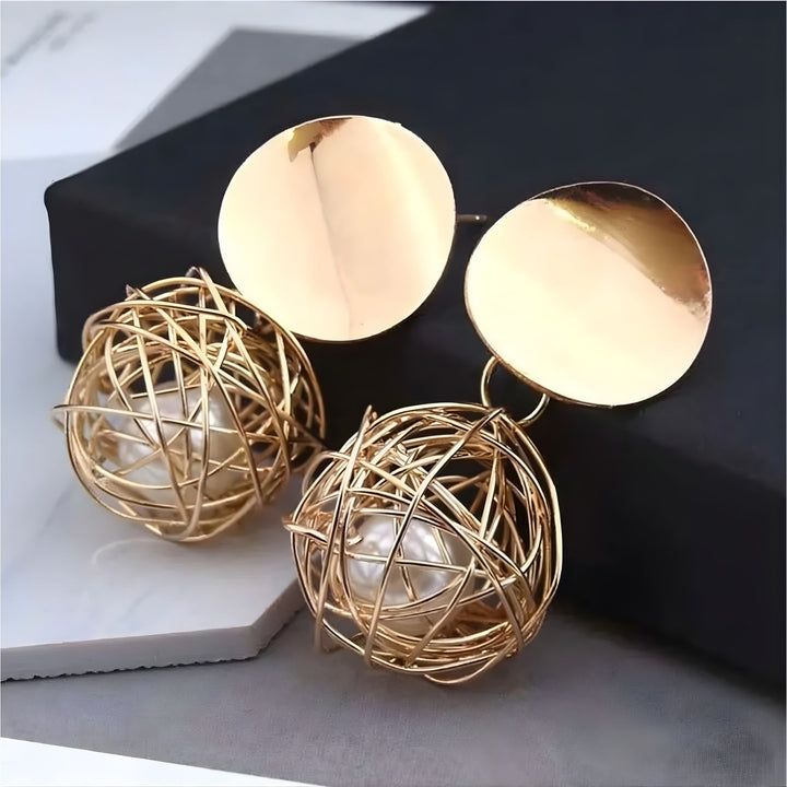 Gold Wire Pearl Ball Drop Earrings