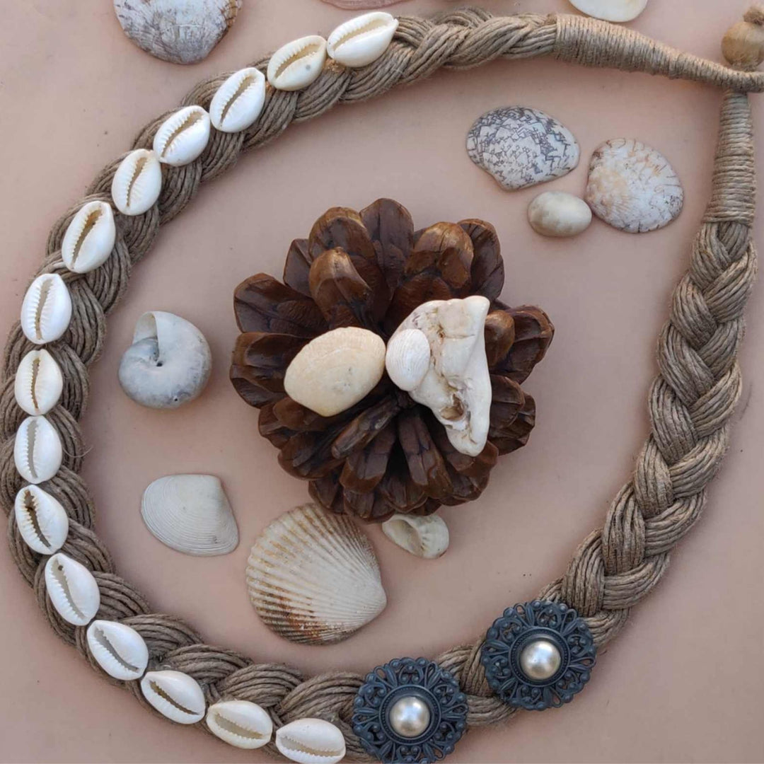 Boho Jute Rope Necklace with Kauri Shell and Stone Flower Accents