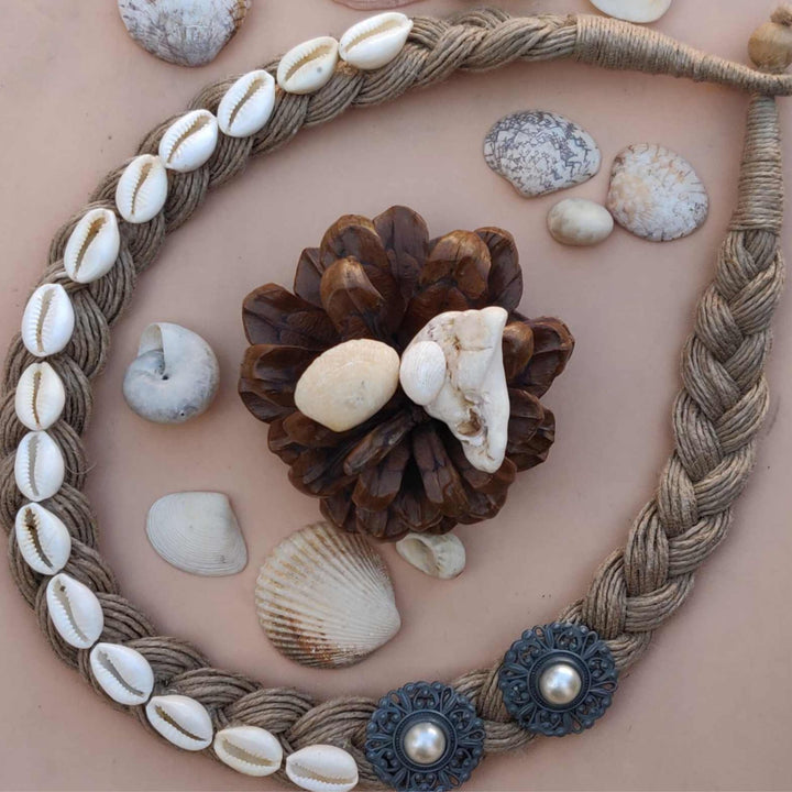 Boho Jute Rope Necklace with Kauri Shell and Stone Flower Accents
