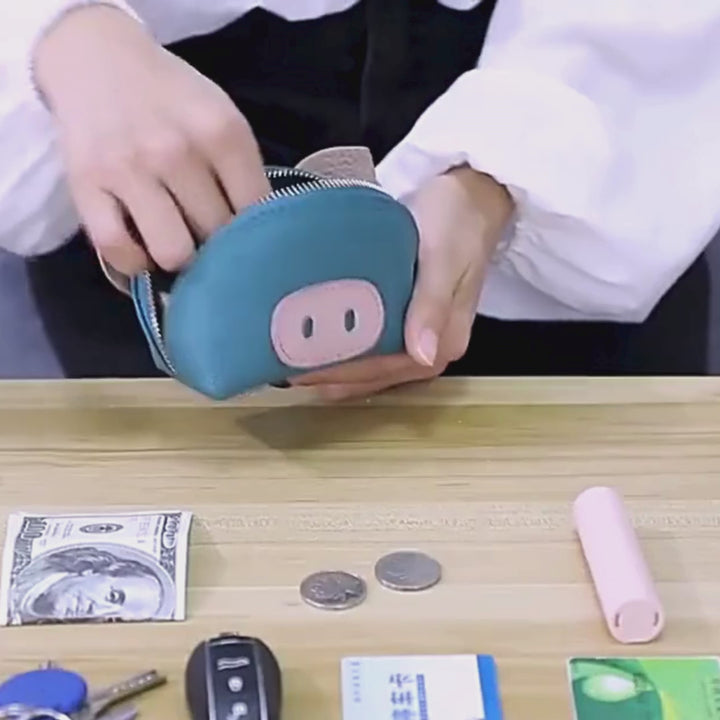 Leather Pig Coin Pouch with Wrist Strap